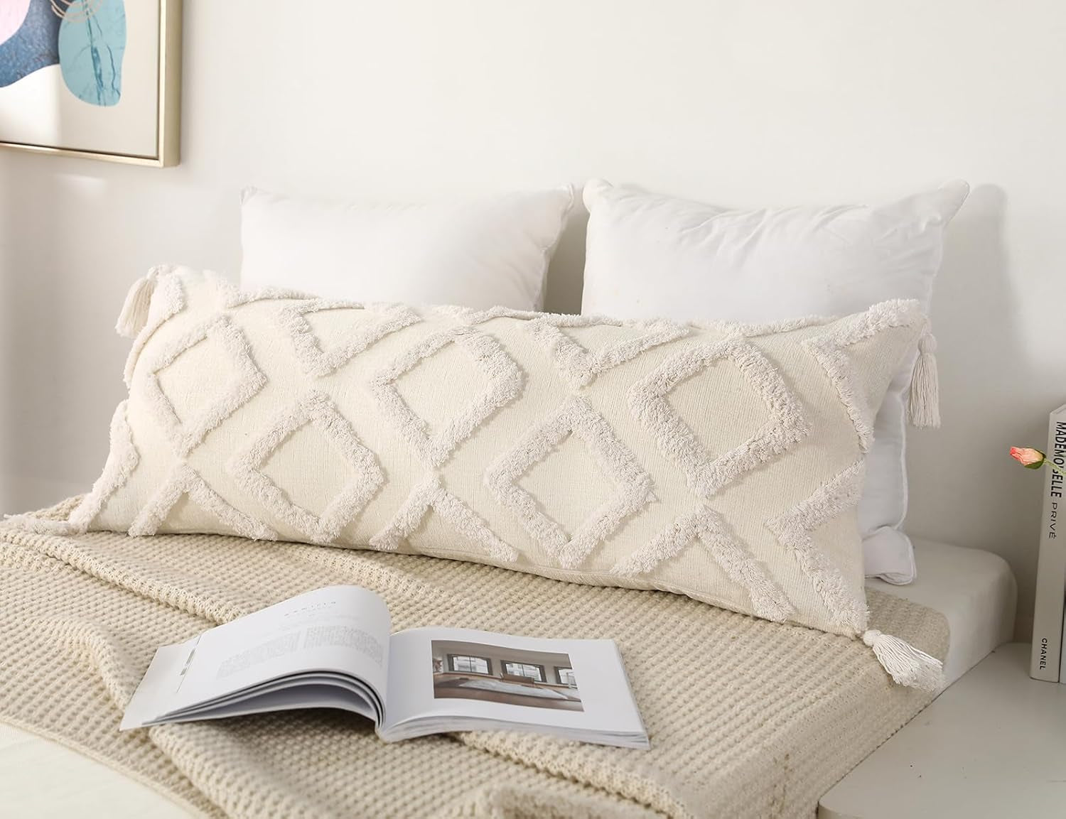 Decorative Long Lumbar Pillow Cover 14X36 Boho,Super Soft Chenille Extra Long Lumbar Pillow Case Cover with Tassel for Bed Sofa Couch Farmhouse Livingroom,White,Modern Skinny