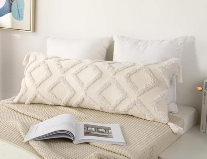 Decorative Long Lumbar Pillow Cover 14X36 Boho,Super Soft Chenille Extra Long Lumbar Pillow Case Cover with Tassel for Bed Sofa Couch Farmhouse Livingroom,White,Modern Skinny