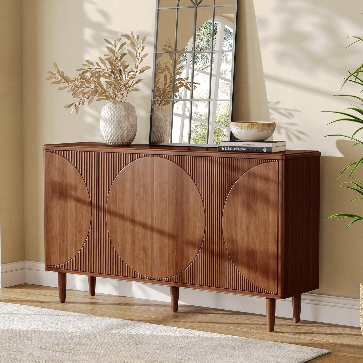 59-Inch Buffet Cabinet Sideboard with Storage, Modern Sideboard Buffet Table with Doors for Living Room, Dining Room (Walnut)