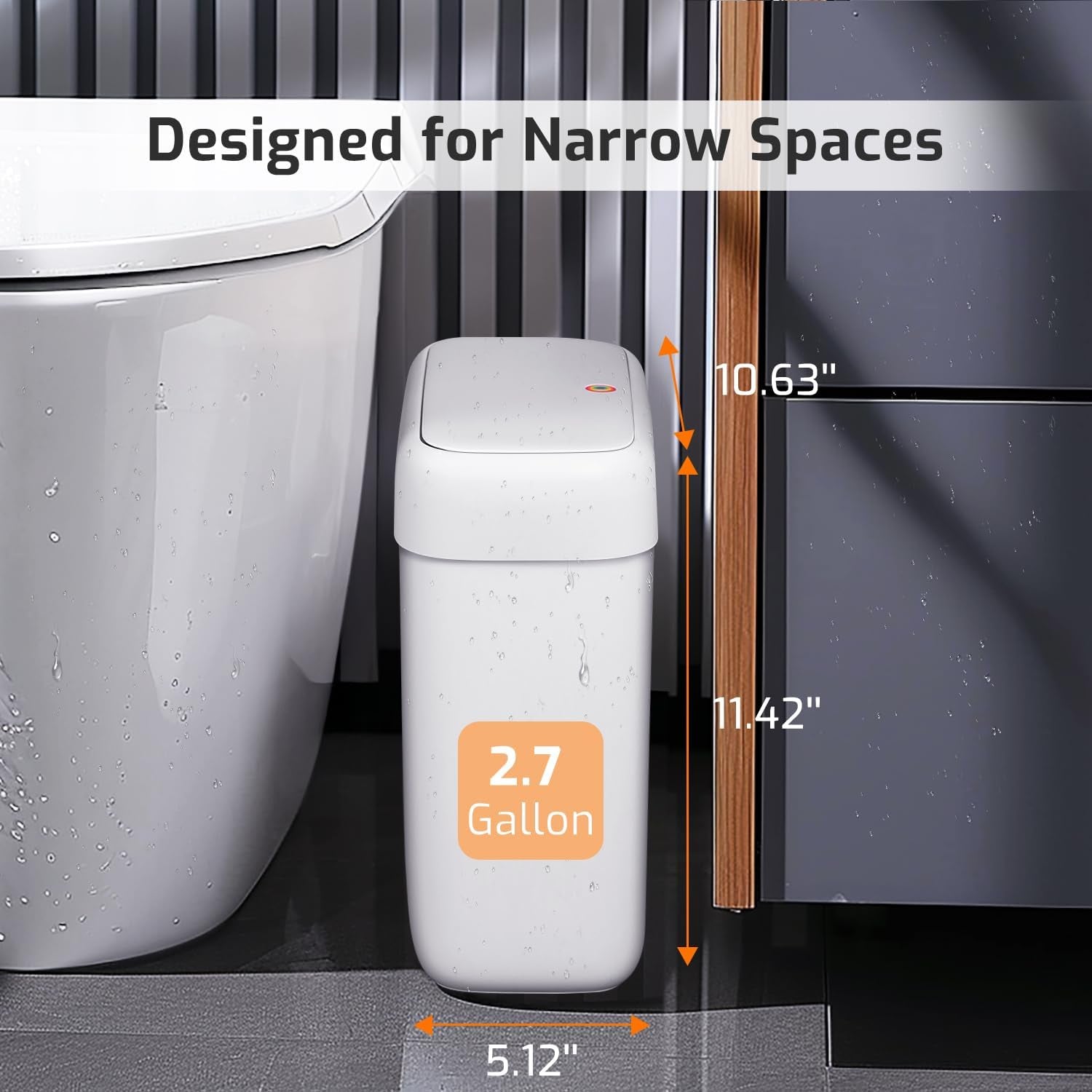 Small Bathroom Trash Can with Lid, 2.6 Gallons / 10 L Slim Plastic Garbage Bin with Pop-Up Lid, Mini Waste Basket Can Dog Proof for Kitchen, Bedroom, Office, Laundry, Toilet, Rv, White