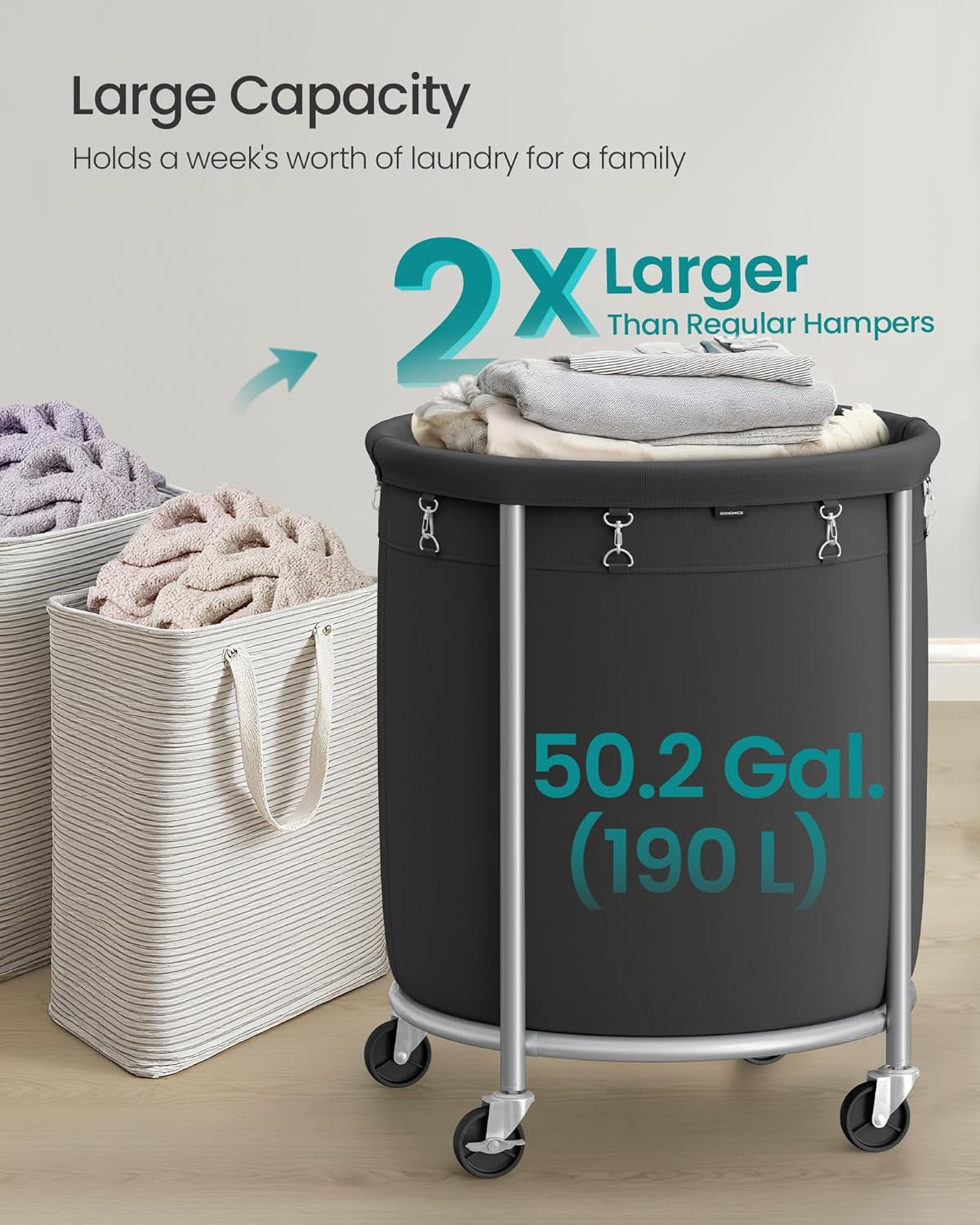 50.2-Gallon (190 L) Laundry Basket with Wheels, Rolling round Heavy-Duty Laundry Hamper Cart with Steel Frame and Removable Bag, 2 Locking Wheels, Ink Black and Metallic Silver URLS001B01