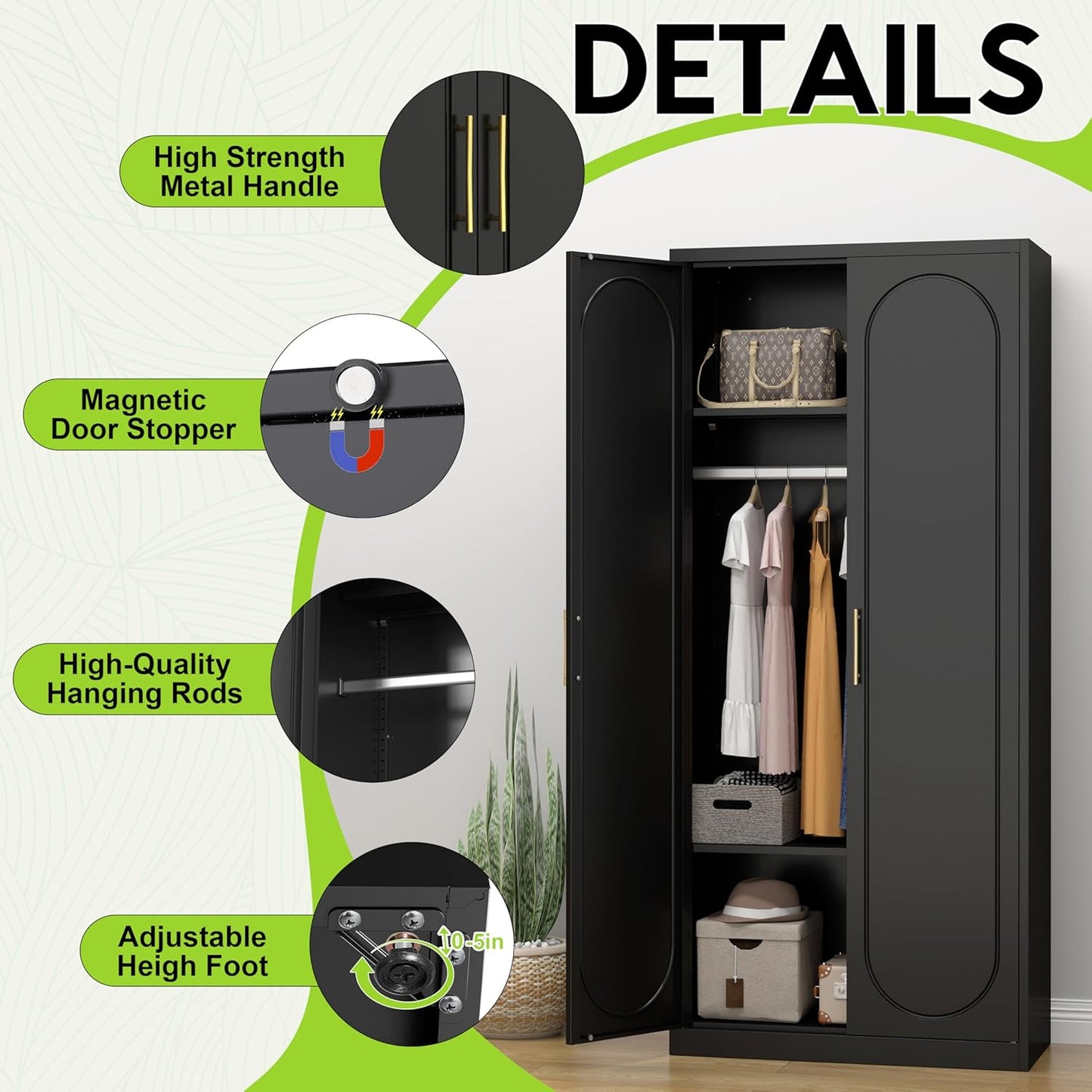 Armoire Wardrobe Closet with Doors, 71'' Wardrobe Cabinet with Hanging Rod, Metal Closet with 2 Adjustable Shelves for Bedroom School, Employee, Gym, Armarios De Ropa Para Dormitorio, Black