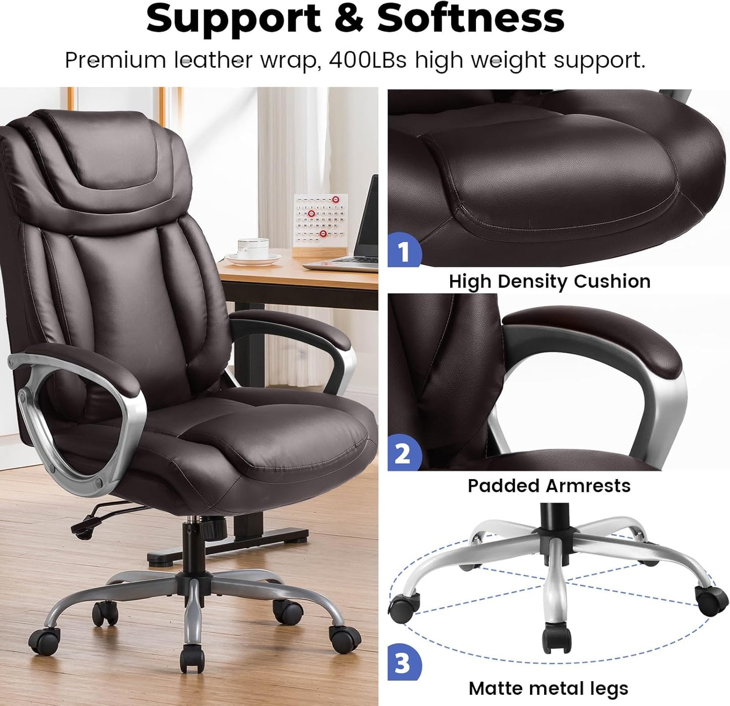 Ergonomic Office Chair Wheels Home Office Desk Chairs Comfy Back Support PU Leather Executive Office Chair with Headrest Padded Armrests Height Adjustable Tilt Swivel Rolling Reclining Seat