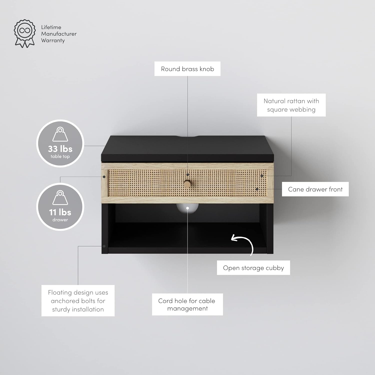 Jackson Wall Mounted Rattan Floating Bedroom Nightstand with Storage Drawer and Modern Open Shelf Cubby, Black/Rattan