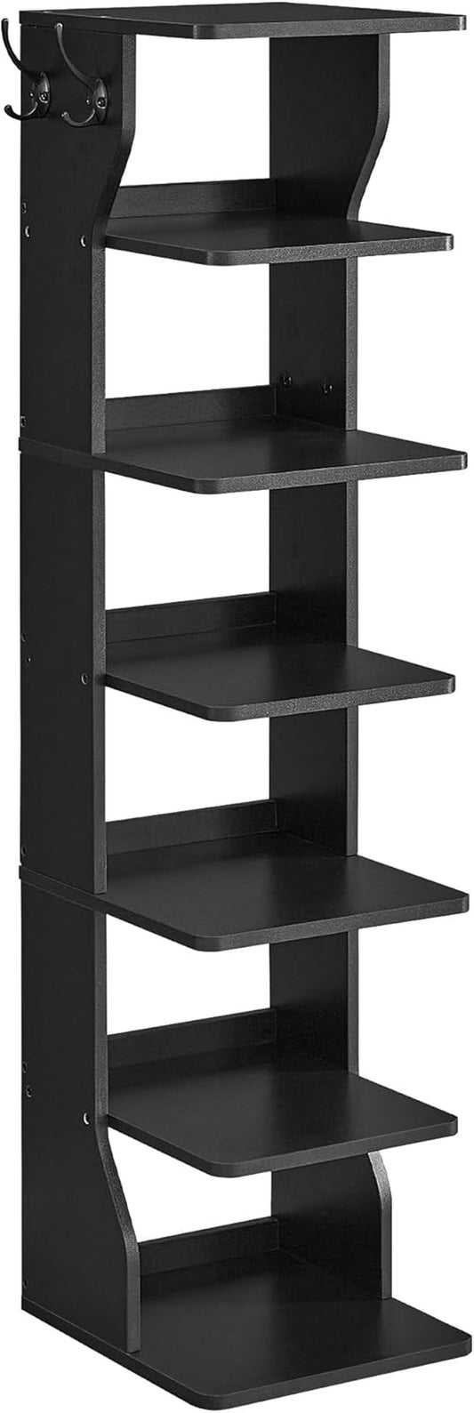 7-Tier Vertical Shoe Rack, Narrow Shoe Storage Organizer with Hooks, Slim Corner Shoe Tower Rack, Space Saving for Entryway and Bedroom, Black ULBS200T16