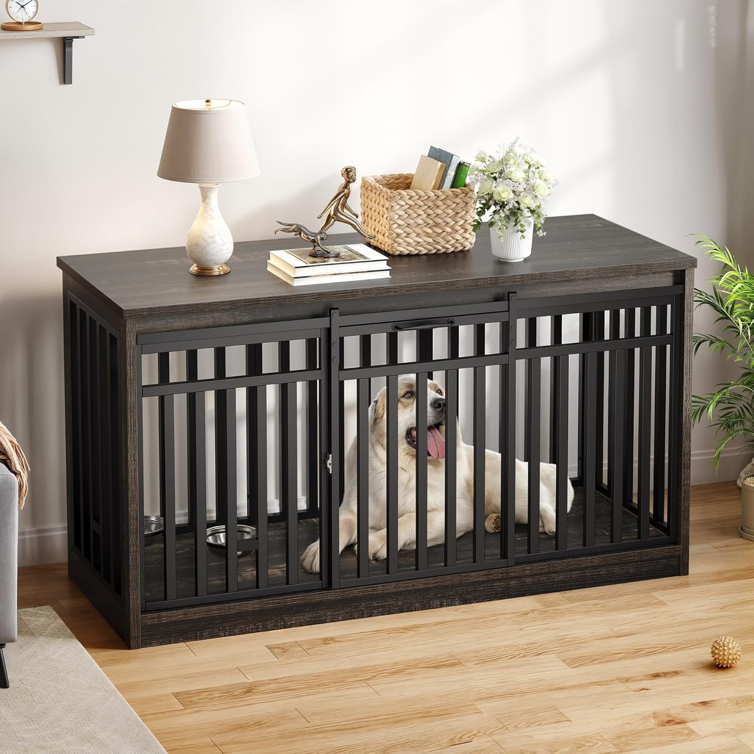 55" Extra Large Dog Crate Furniture, Heavy Duty Metal Dog Kennel TV Stand with Sliding Door, Wooden Dog Cage Table with Dog Bowl for Extra Large Medium Dogs or 2 Small Dogs Black Oak