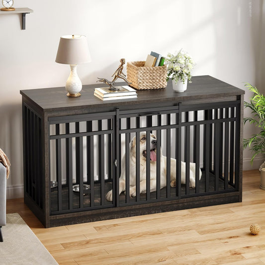 55" Extra Large Dog Crate Furniture, Heavy Duty Metal Dog Kennel TV Stand with Sliding Door, Wooden Dog Cage Table with Dog Bowl for Extra Large Medium Dogs or 2 Small Dogs Black Oak