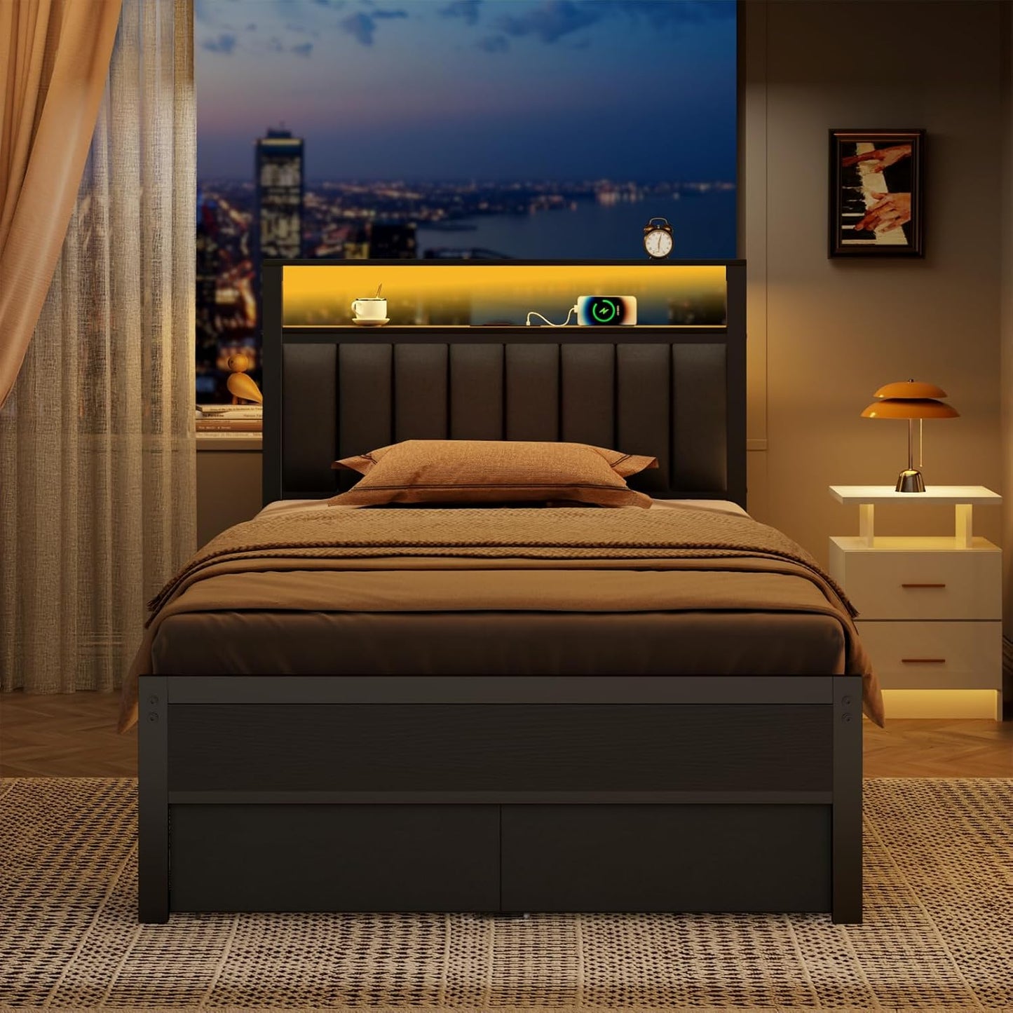 Twin Bed Frames with Charging Station and LED Lights, Grey Upholstered Headboard with Shelves, Metal Platform Bed with 2 Under-Bed Storage (Fabric Drawer on Wheels), No Box Spring Needed