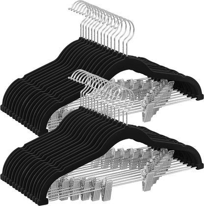 30 Pack Pants Hangers, 16.7 Inches Long Velvet Trousers Hangers with Adjustable Clips, Heavy-Duty, Non-Slip, Space-Saving for Pants, Skirts, Coats, Dresses, Tank Tops, Black UCRF12B30