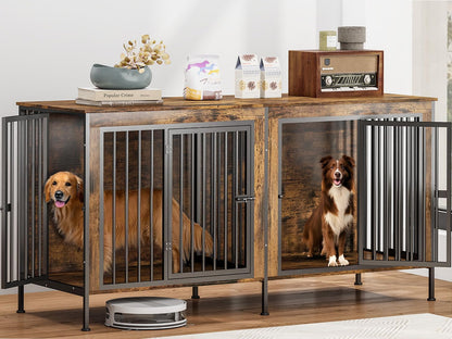 Dog Crate Furniture for 2 Large Dogs – 78" XXL Double Dog Kennel with Divider, Extra Large Wooden Dog Cage TV Stand, Heavy Duty Indoor Dog House, Pre-Assembled, Brown