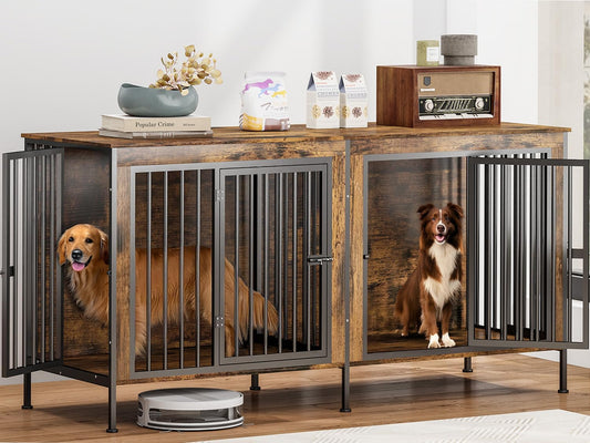 Dog Crate Furniture for 2 Large Dogs – 78" XXL Double Dog Kennel with Divider, Extra Large Wooden Dog Cage TV Stand, Heavy Duty Indoor Dog House, Pre-Assembled, Brown