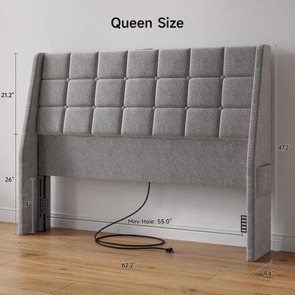Ergonomic Upholstered Headboard Queen Size W/Charging Station, Linen Wingback Headboards W/Storage Pocket, Queen Headboard Only, Bed Frame Adapters, Sturdy Stable Solid Wood Bed Head Board, Light Grey