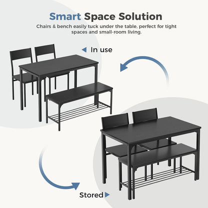 Dining Table Set, Dining Table for 4 with Bench, Kitchen Table, Space-Saving Ideal 4-Person Set for Dining Room Kitchen Apartment Corner Black 4 Pack