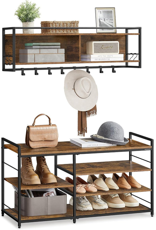 Hall Tree with Shoe Bench, Coat Rack Shoe Bench Set, Entryway Furniture, Multifunctional, 12 Metal Hooks, 4-Tier Shoe Rack, for Entryway, Bedroom, Rustic Brown ULSB108K01