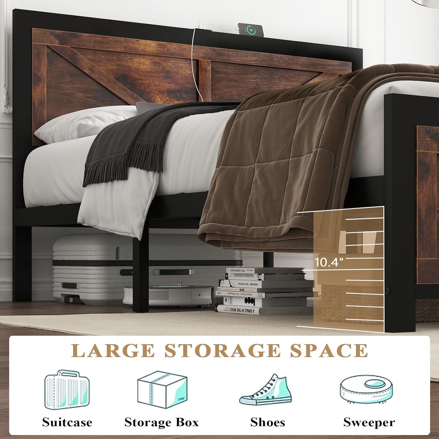 Led Bed Frame King Size with Charging Station, Industrial Platform Bed Frame with Rustic Barn Door Wood Headboard, Strong Metal Slats Support, Noise Free, No Box Spring Needed, Brown