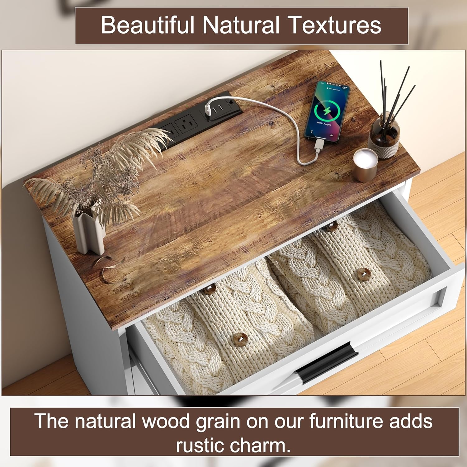 Farmhouse 4 Drawers Dresser for Bedroom Rustic Chest of Drawers with Natural Texture White Drawers Organizer for Living Room Hallway