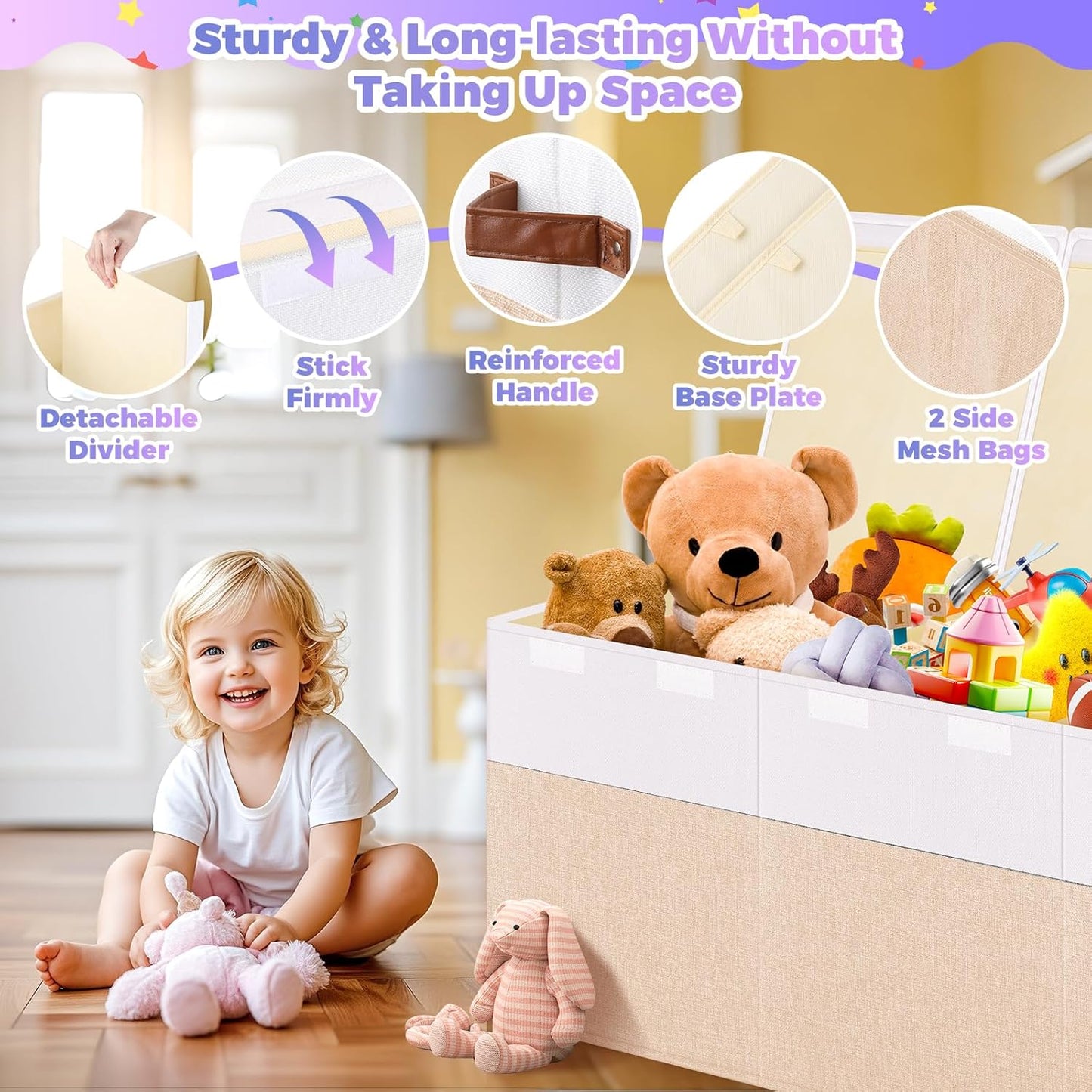 Extra Large Toy Storage Box with Lid, Collapsible Sturdy Toys Chest Storage Organizer Bin Basket with Divider for Kids, Boys, Girls, Closet, Playroom, Bedroom, Nursery, 40"X14"X16", Beige & White