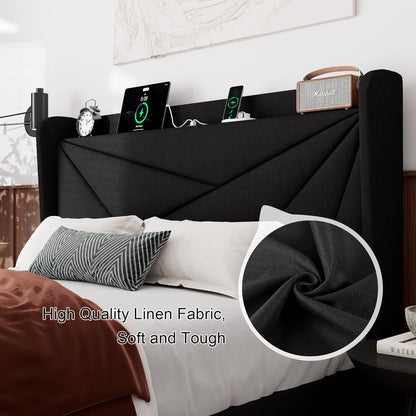 Queen Size Bed Frame with Charging Station, Linen Upholstered Platform Bed Frame with Wingback Storage Headboard, Solid Wood Slats Support, No Box Spring Needed, Noise Free, Black