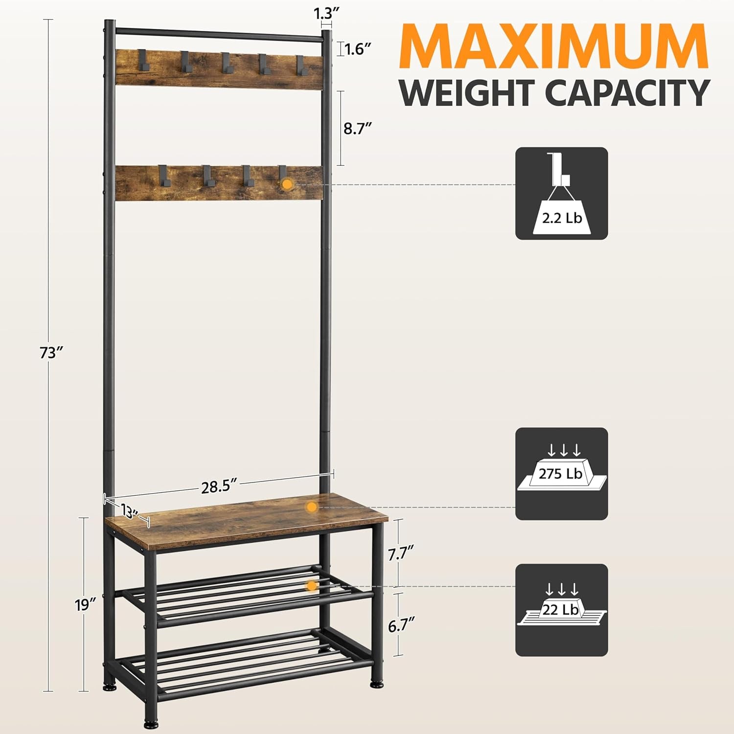 3-In-1 Hall Tree Coat Rack Shoe Bench with 9 Hooks and Storage Shelf, Industrial Entryway Storage Shelf Bench, Easy Assembly, Rustic Brown