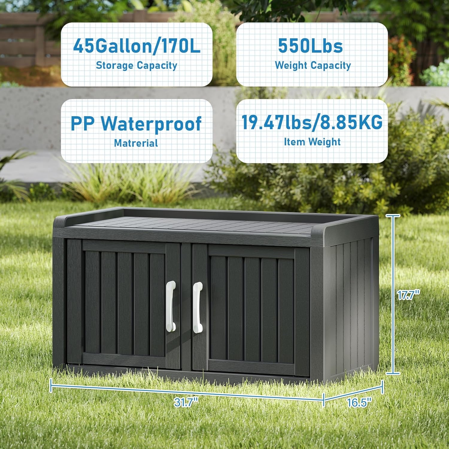 2-Tier Storage Bench, Waterproof Uv-Resistant Outdoor Shoe Storage Cabinet with 2 Doors & Adjustable Shelves for Indoor Outdoor Entryway, Hallway, Living Room (Black)