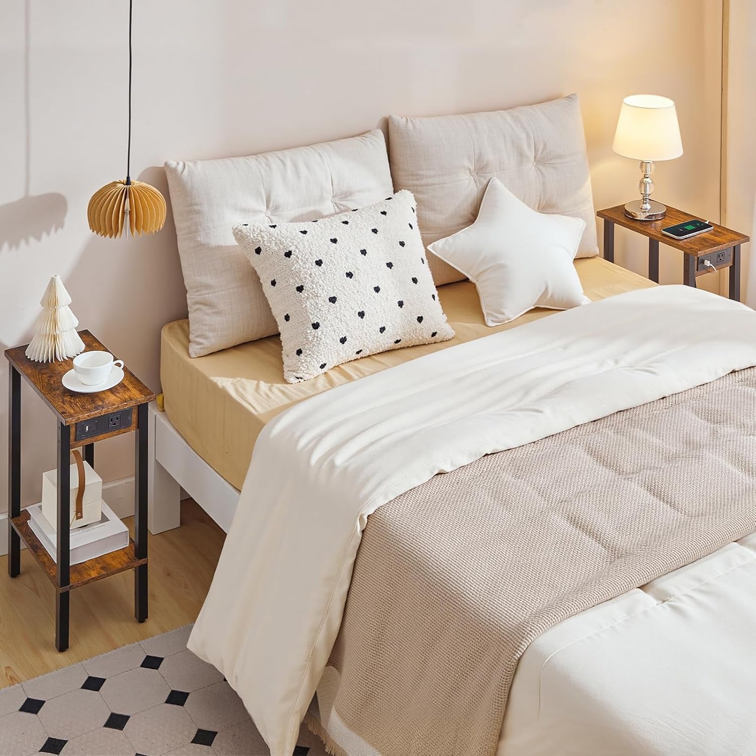 Small End Table with Charging Station, Narrow Side Table with USB Port and Outlets, Skinny Sofa Table, Slim Nightstand, Living Room, Bedroom, Rustic Brown and Black BF240UBZ01