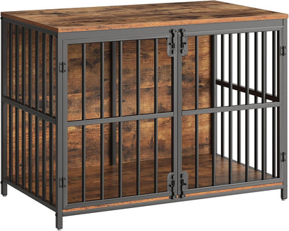46.5" Large Dog Crate Furniture, Wooden Dog Kennel Indoor, Heavy Duty Dog Cage for Large/Medium Dog, Decorative Side End Table, Rustic Brown and Black BF120GW03