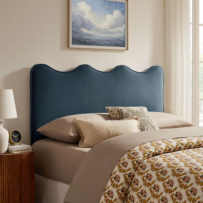Monday Athena King Size Performance Velvet Adjustable Headboard in Cadet Blue - with Scalloped Wave Design and Stain-Resistant Velvet Upholstery