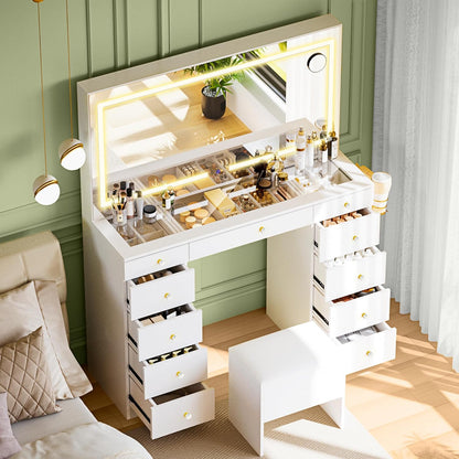 11 Drawers Glass Top Vanity Desk with Chair, Crystal Handles Makeup Vanity with Mirror and Lights, Dressing Table with Power Outlet, Adjustable Lighting Modes, White