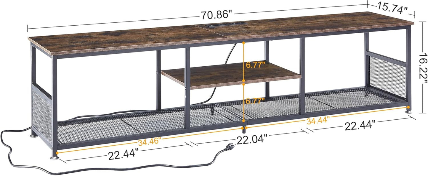 TV Stand with Power Outlets for Televisions up to 80 Inch,70" Media Entertainment Center with Charging Station 3-Tier Open Storage Shelves with Metal Frame for Living Room/Bedroom，Brown