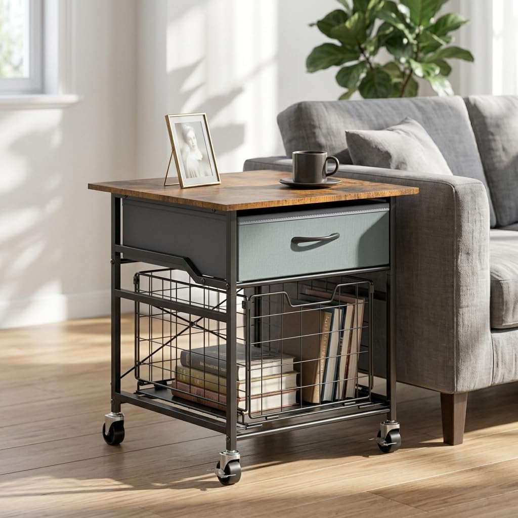 Mini Fridge Stand, Heavy-Duty End Table Fridge Table with Storage, Small Refrigerator Stand with Rolling Wheels for Dorm, Kitchen,Pantry