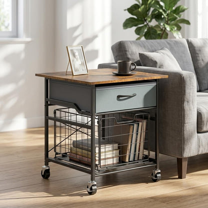 Mini Fridge Stand, Heavy-Duty End Table Fridge Table with Storage, Small Refrigerator Stand with Rolling Wheels for Dorm, Kitchen,Pantry