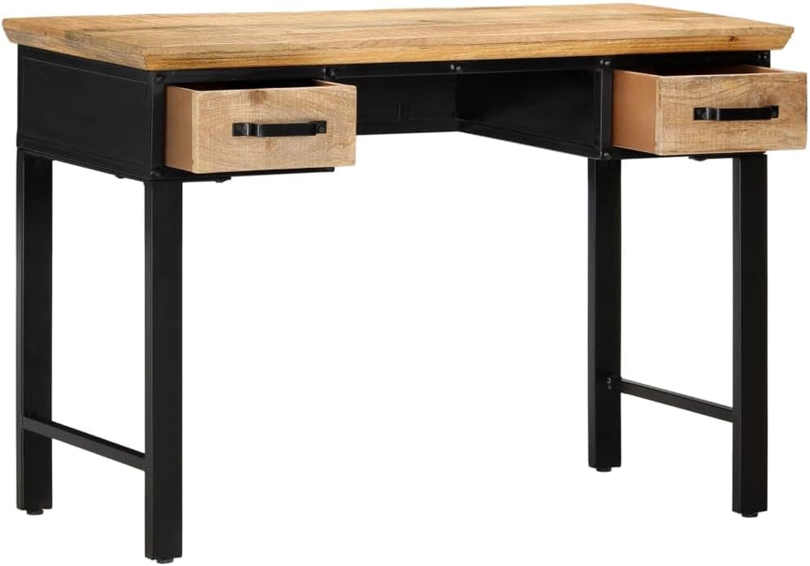 Writing Table Natural and Black Solid Mango Wood, Engineered Wood, 43.3 X 19.7 Inch Computer Desk with 2 Drawers, Home Office Desk