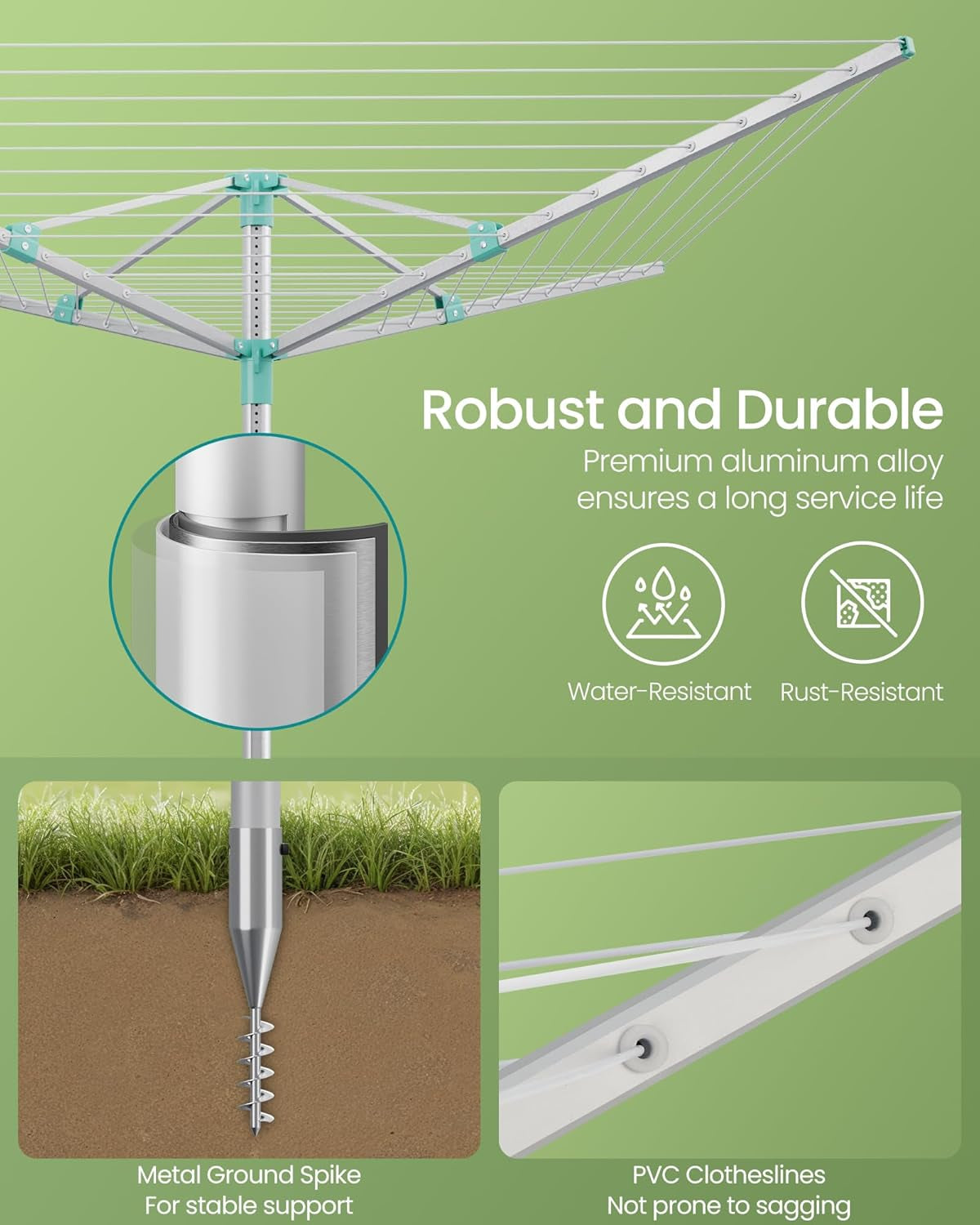 Umbrella Drying Rack, Retractable Outdoor Drying Rack, Height Adjustable, 164 Ft Long Clothesline, Holds 5 Laundry Loads, for Garden, with Ground Spike, Cover, Silver and Green ULLR301E01