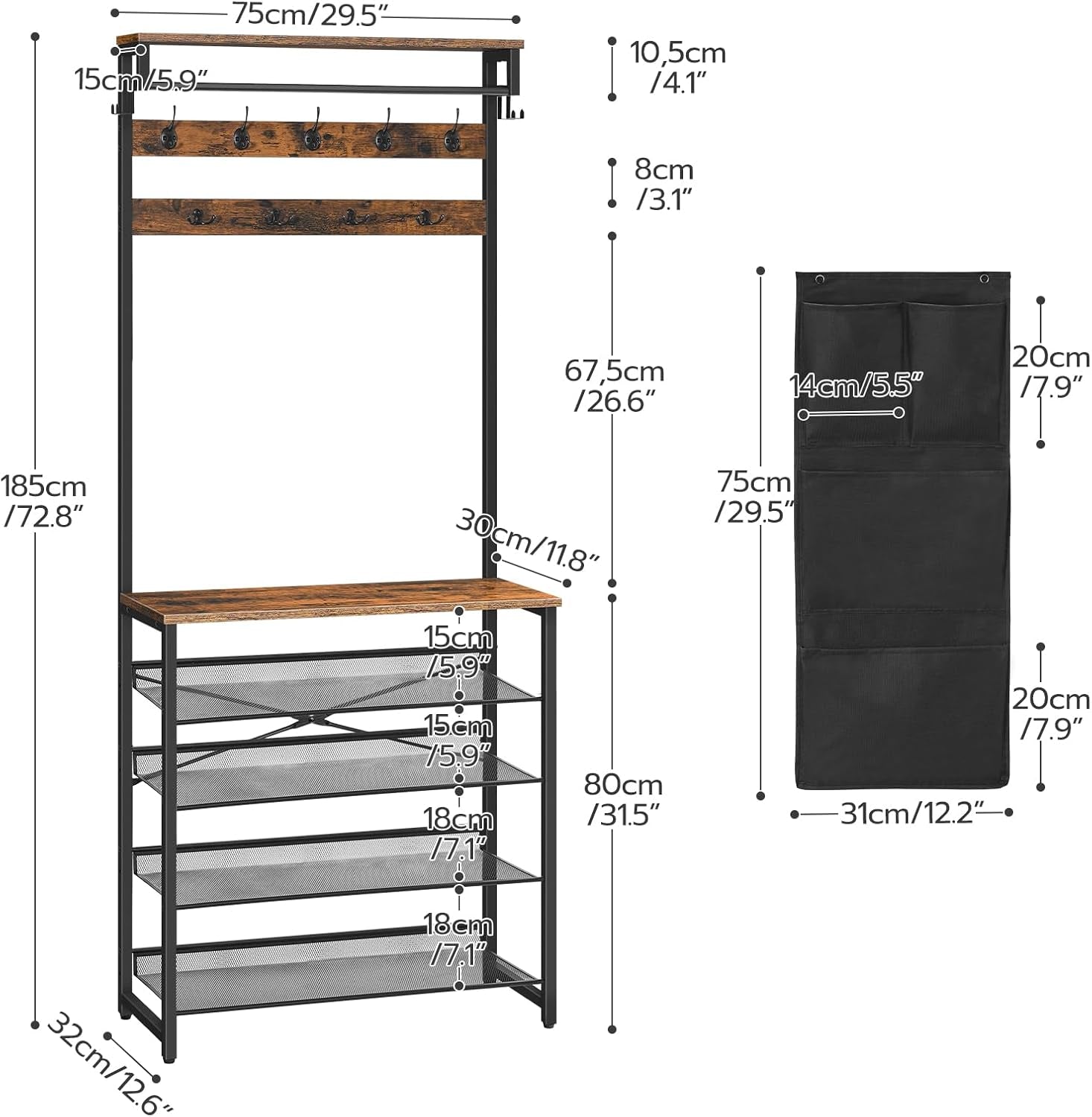 Hall Tree with Bench, Entryway Coat Rack with Shoe Rack, Shoe and Coat Rack, 5 Tier Shoe Storage Organizer with Oxford Fabric Side Pockets, Adjustable Mesh Shelves, Rustic Brown BF75MT01
