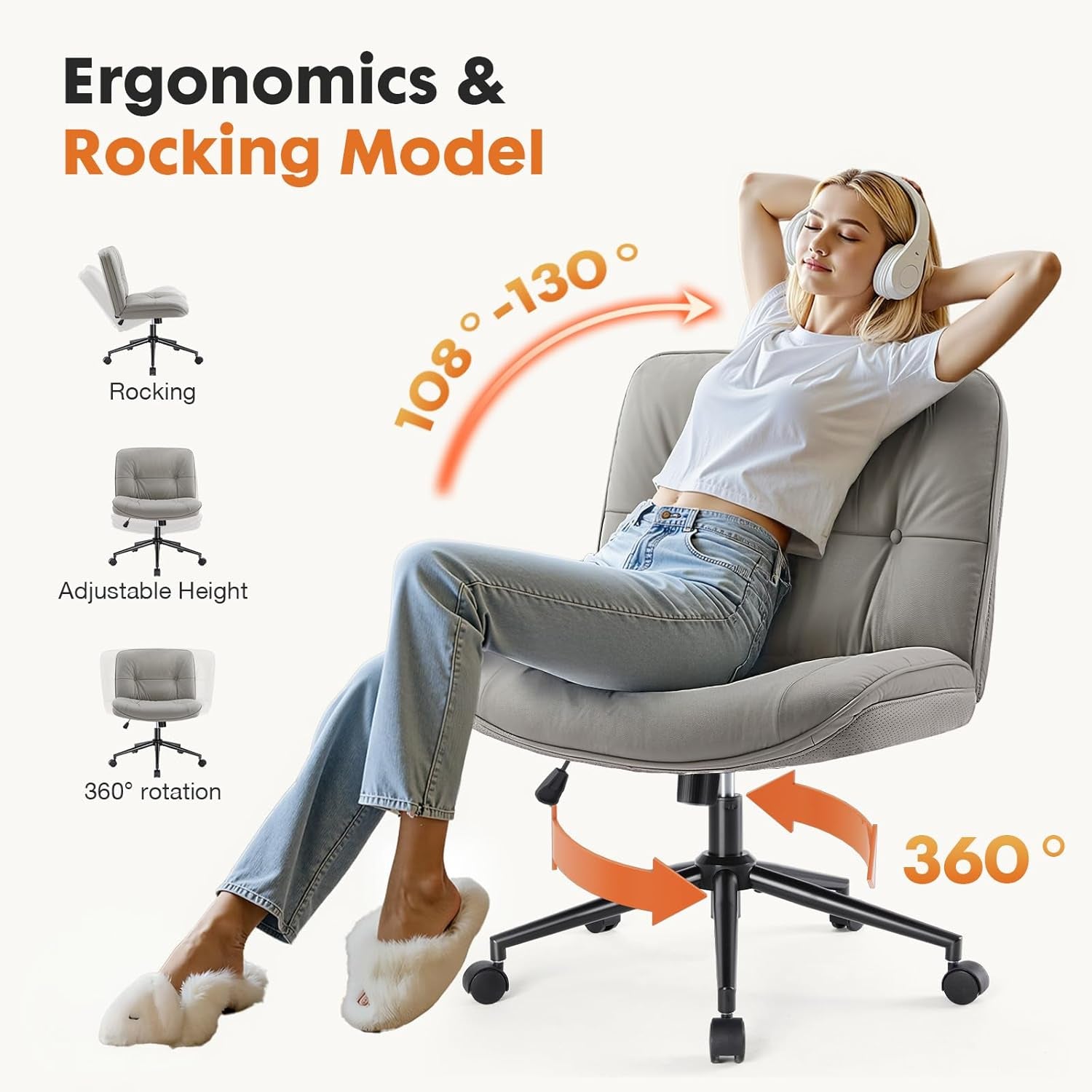 Criss Cross Armless Office Chair - PU Leather Adjustable Swivel Wide Seat with Thick Padding, Ergonomic Rolling Computer Desk Task Chair for Modern Vanity & Makeup with Wheels