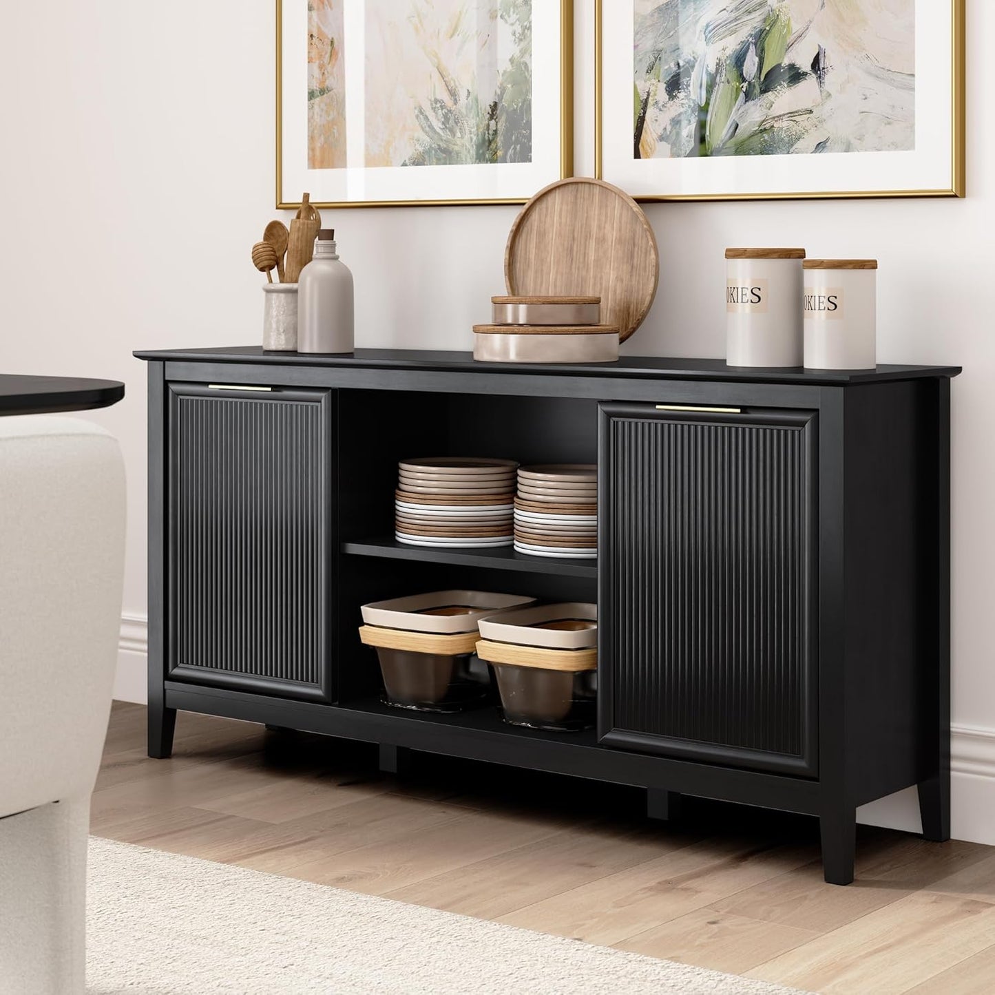 58-Inch Sideboard Storage Cabinet, Dining Room Furniture, Camille Collection, Onyx Birch