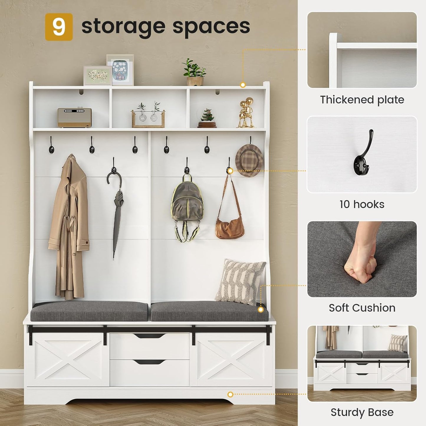 Hall Tree with Bench and Shoe Storage, Entryway Bench with Coat Rack, Modern Farm House Barn Door 3-In-1 Hall Tree with Storage Cushioned Stool and Hooks for Hallway, Living Room (60IN)