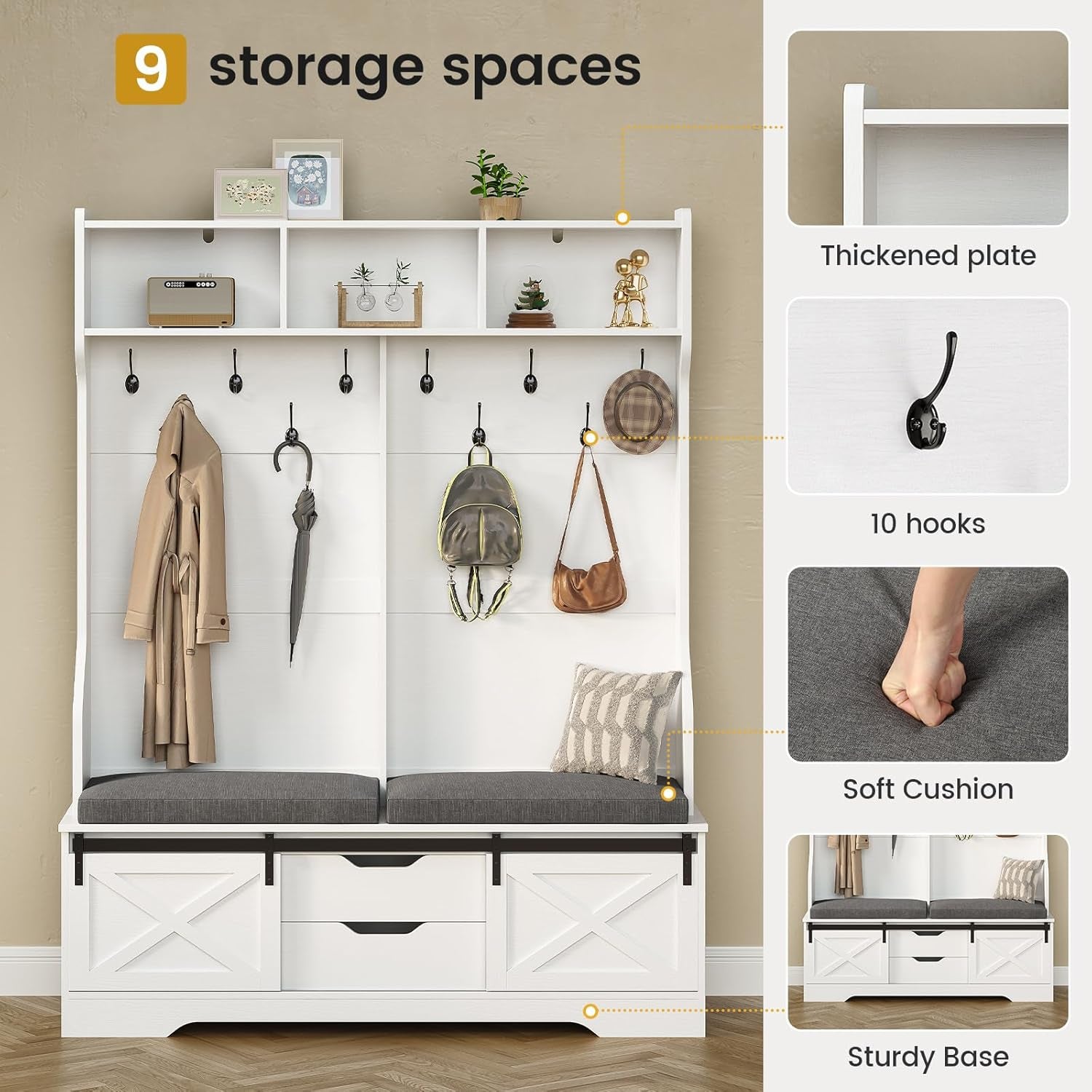 Hall Tree with Bench and Shoe Storage, Entryway Bench with Coat Rack, Modern Farm House Barn Door 3-In-1 Hall Tree with Storage Cushioned Stool and Hooks for Hallway, Living Room (60IN)