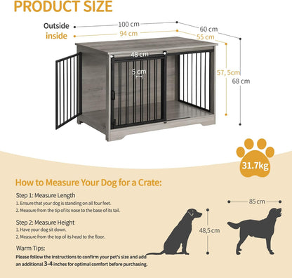 31.9" Dog Crate Furniture with Barn Door, Heavy Duty Dog Kennel Indoor with 2 Doors, Wooden Pet Cage End Table for Small Medium Dogs up to 44 Lb, Anti-Chew Anti-Escape, White Brown DFC83614B