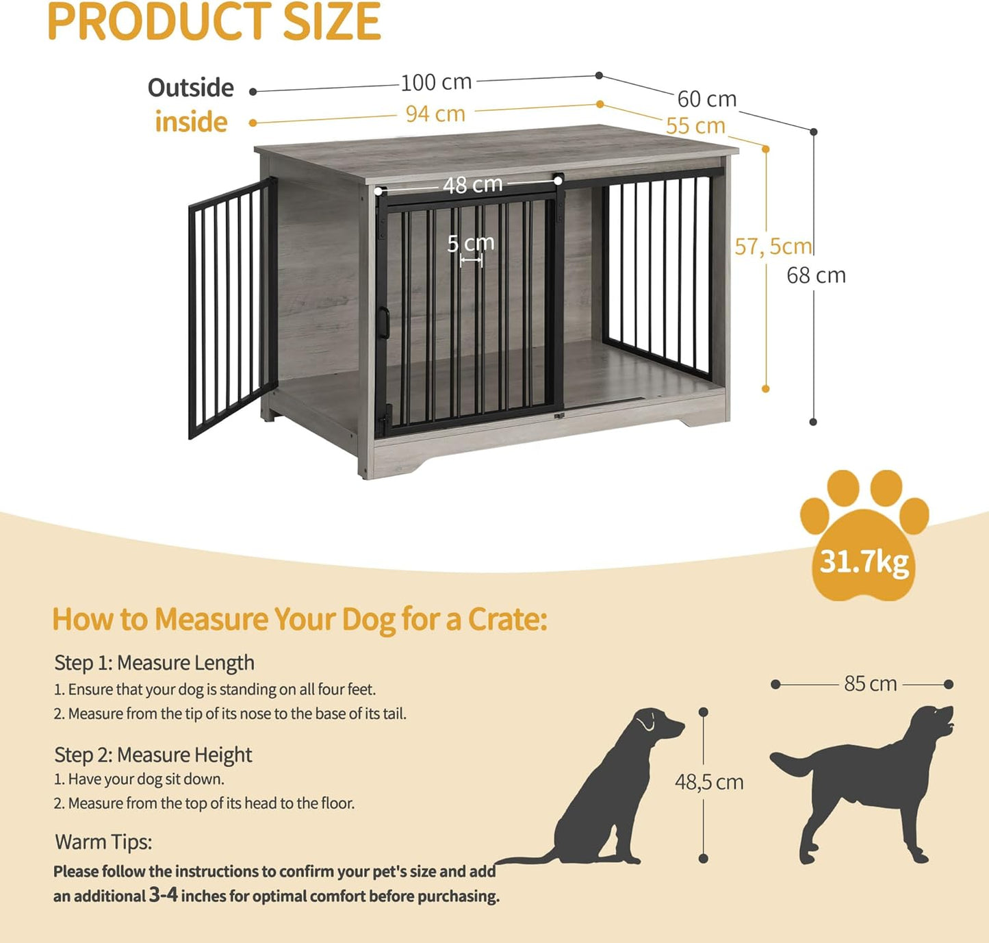 31.9" Dog Crate Furniture with Barn Door, Heavy Duty Dog Kennel Indoor with 2 Doors, Wooden Pet Cage End Table for Small Medium Dogs up to 44 Lb, Anti-Chew Anti-Escape, Rustic Brown DFC83601B