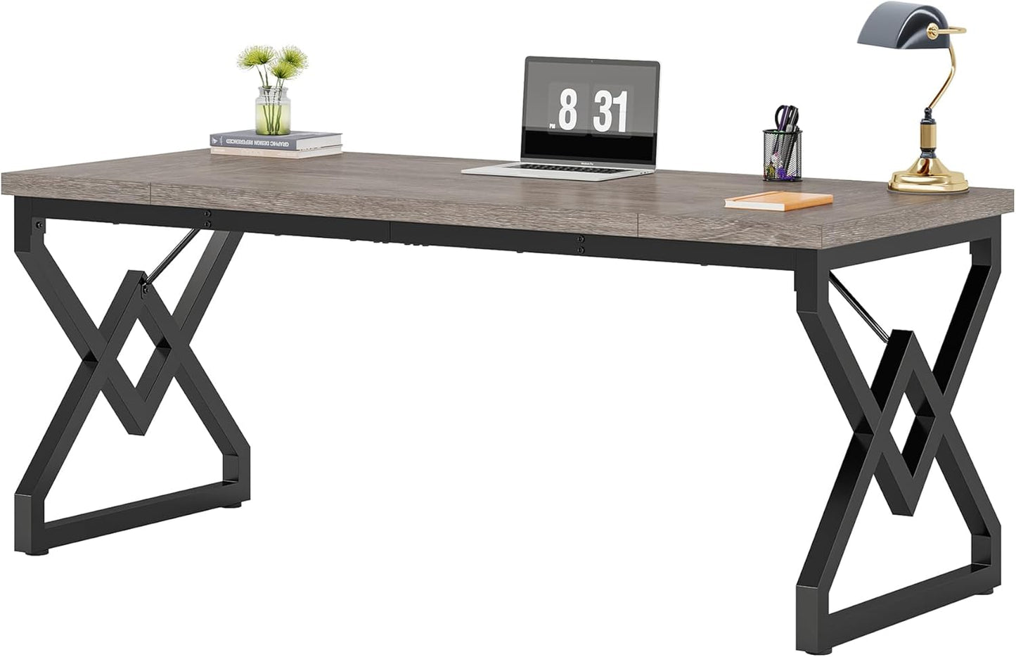 63 Inch Executive Desk, Large Office Computer Desk with Extra Thick Wooden Tabletop and Metal Frame, Modern Simple Workstation Writing Table Study Desk for Home Office, Gray