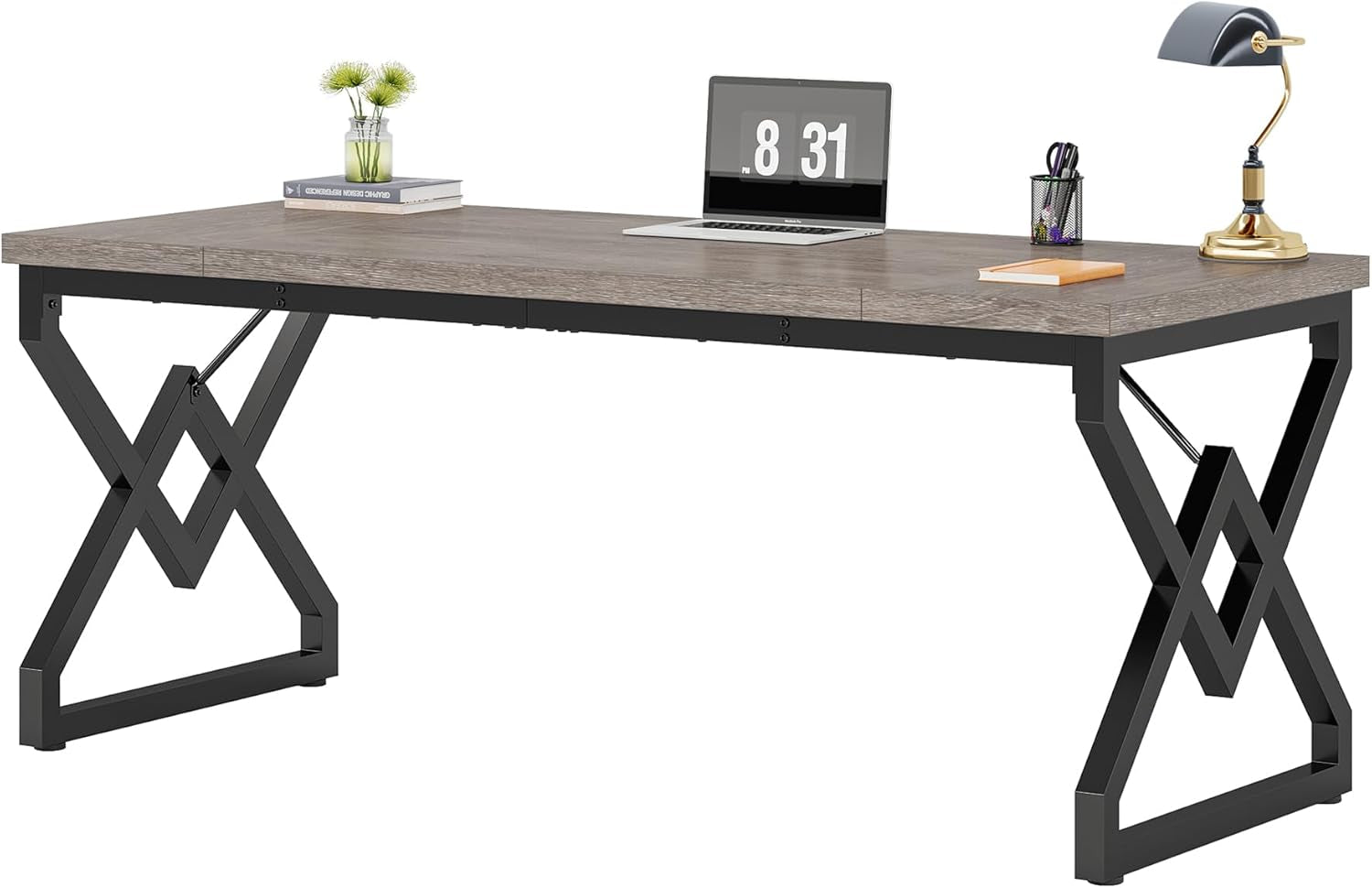 63 Inch Executive Desk, Large Office Computer Desk with Extra Thick Wooden Tabletop and Metal Frame, Modern Simple Workstation Writing Table Study Desk for Home Office, Gray