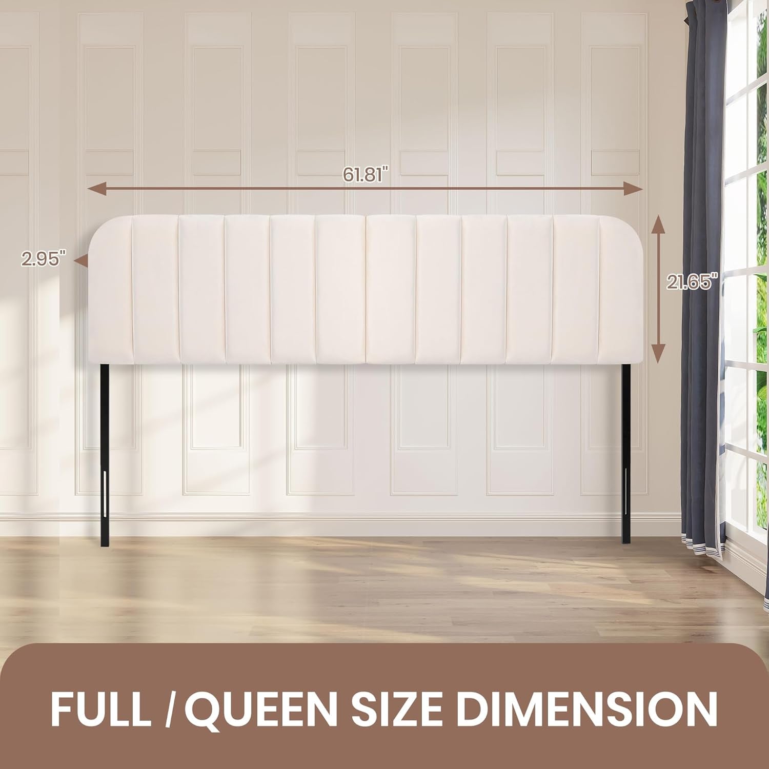 Upholstered Headboard - Striped Interval - Adjustable Height - Metal Legs - Bed Frame (Beige, Queen (U.S. Standard))