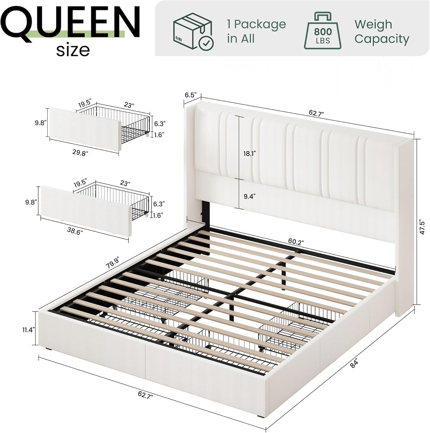 Queen Size Bed Frame with 4 Storage Drawers and Wingback Headboard Linen Upholstered Platform Bed Frame with Wooden Slats, Easy Assembly, White