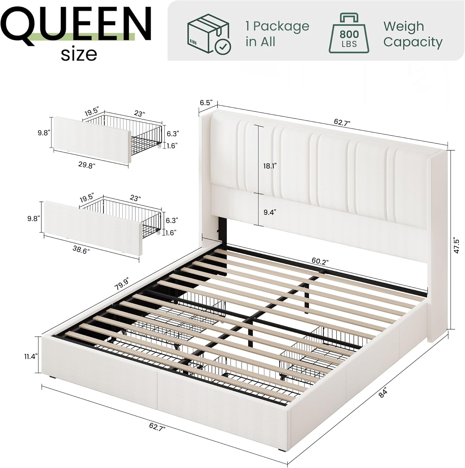 Queen Size Bed Frame with 4 Storage Drawers and Wingback Headboard Linen Upholstered Platform Bed Frame with Wooden Slats, Easy Assembly, White