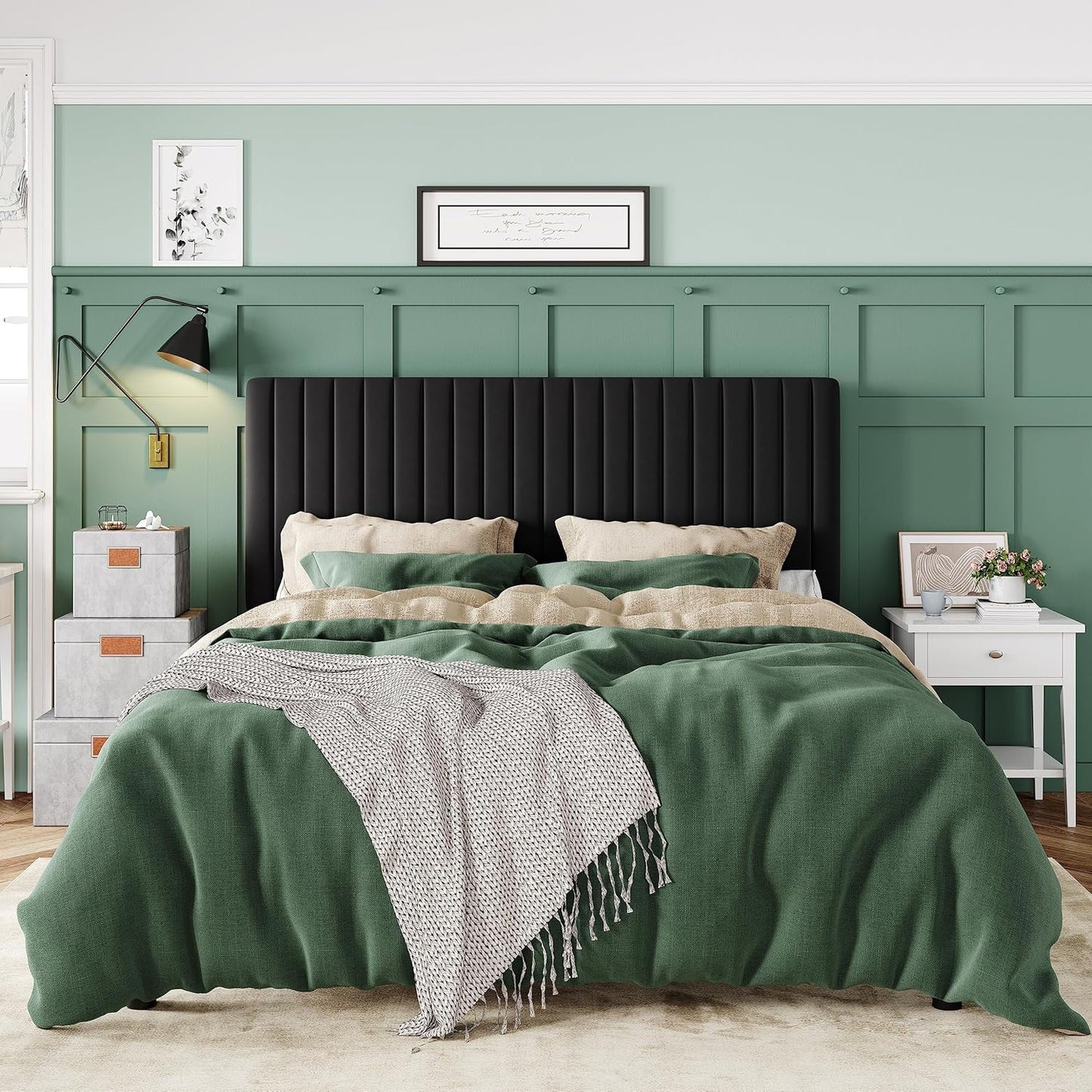 Queen Bed Frame, Velvet Upholstered Platform Bed with Vertical Channel Tufted Headboard, Mattress Foundation with Strong Wooden Slats, Box Spring Optional, Easy Assembly, Black