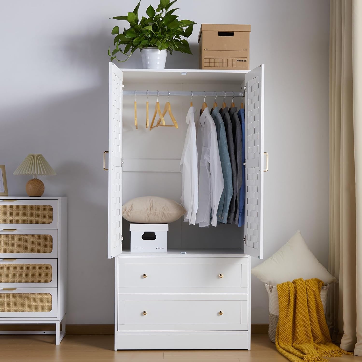 Armoire Wardrobe Closet with 2 Woven Doors, Wardrobe Cabinet with 2 Storage Drawers and Hanging Rail, Freestanding Wooden Closet for Bedroom (White)