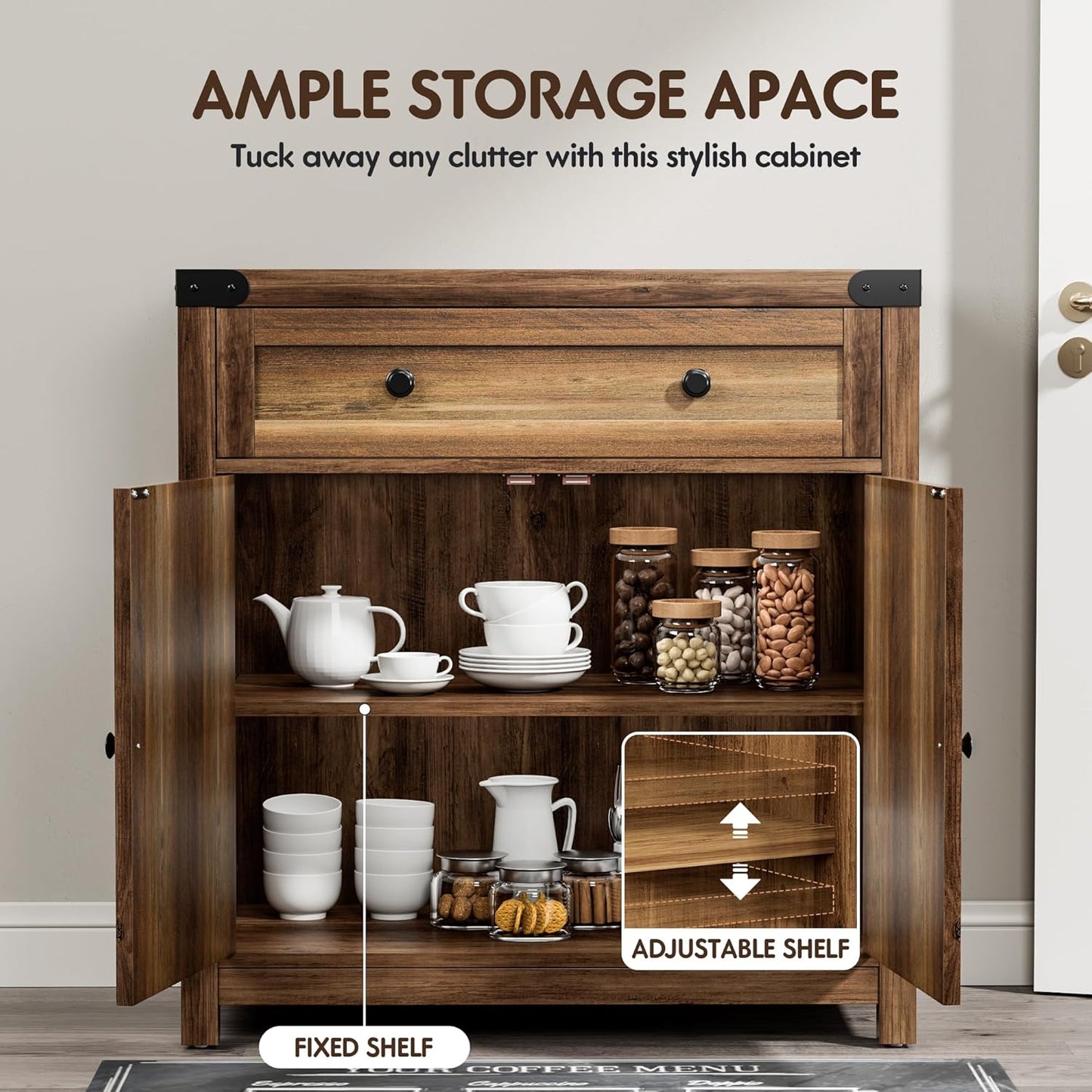 Coffee Bar and Accent Cabinet, Farmhouse Barn Door Buffet Sideboard with Drawer and Adjustable Shelf, Wide Desktop for Kitchen, Dining Room, Bathroom, Entryway, Brown