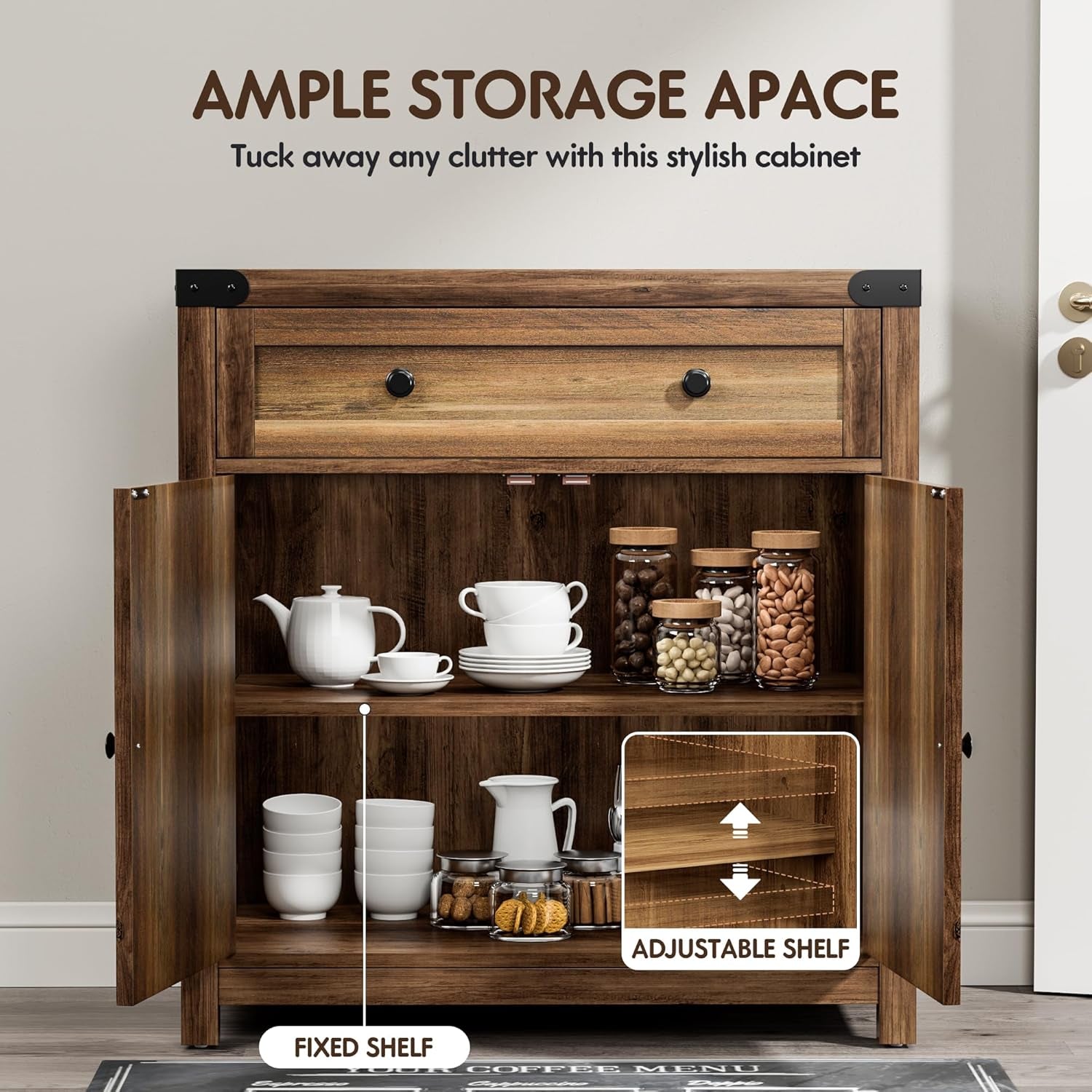 Coffee Bar and Accent Cabinet, Farmhouse Barn Door Buffet Sideboard with Drawer and Adjustable Shelf, Wide Desktop for Kitchen, Dining Room, Bathroom, Entryway, Brown