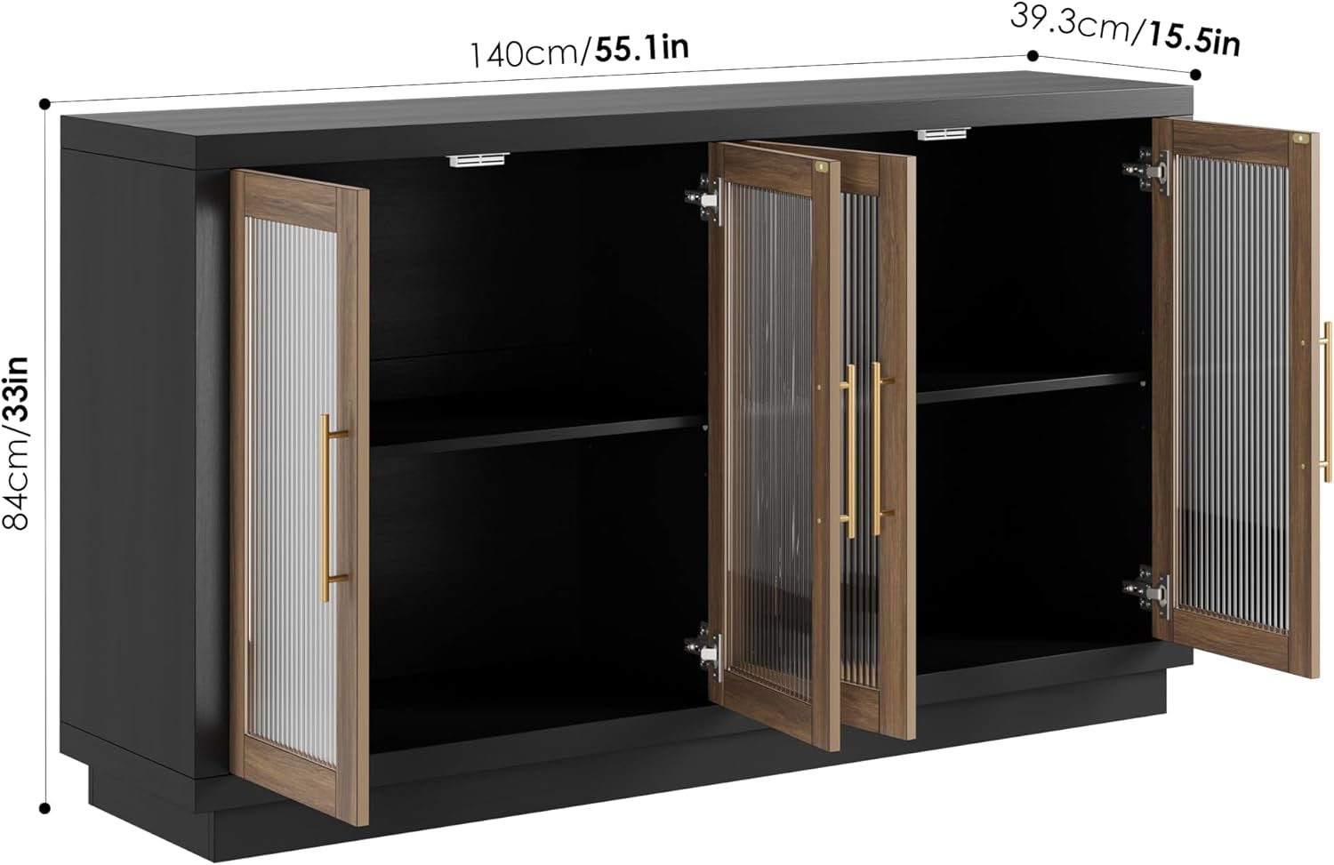 Buffet Cabinet with Storage, 55.1" Large Sideboard Buffet Table, Modern Sideboard Kitchen Cabinet with 4 Fluted Glass Doors, Wood Coffee Ba for Kitchen Dining Room, Black/Brown